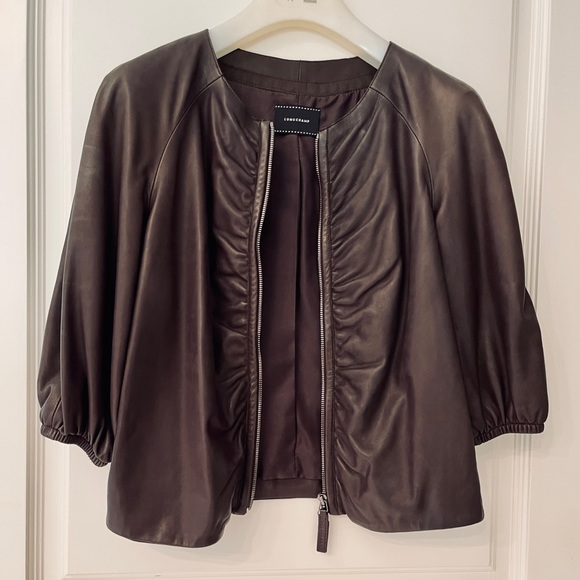 ❤️ LONGCHAMP PARIS DESIGNER LUXURY LAMB KIDSKIN LEATHER CROPPED RUCHED JACKET - Picture 2 of 14